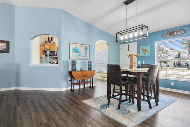 dining space with lofted ceiling and dark hardwood / wood-style flooring