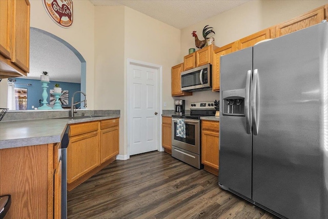 kitchen featuring sink, dark wood-type flooring, a textured ceiling, and appliances with stainless steel finishes