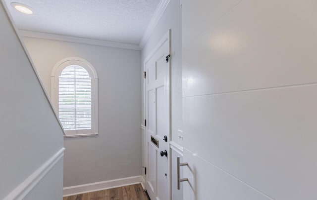 hallway featuring crown molding, hardwood / wood-style floors, and a textured ceiling