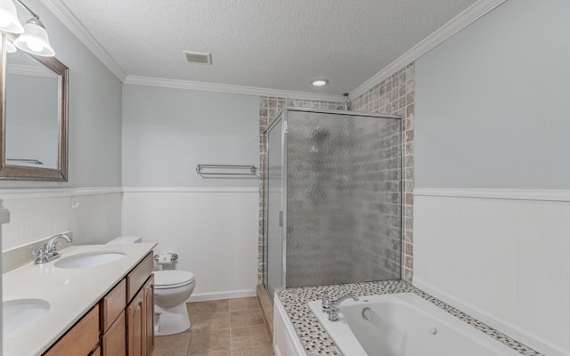 full bathroom featuring plus walk in shower, vanity, a textured ceiling, and ornamental molding