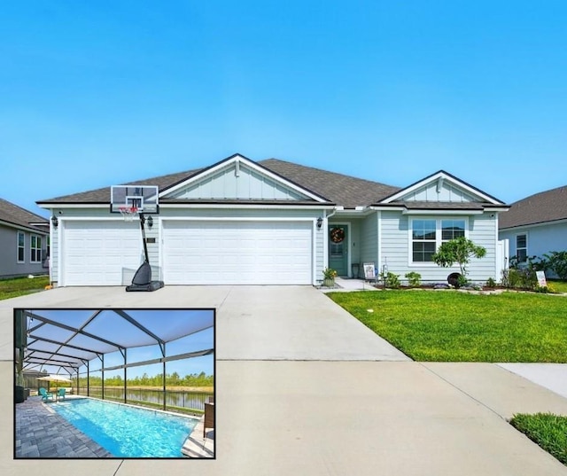 52 Lumberjack Trl, Palm Coast, FL 32137 - single story home featuring board and batten siding, a front lawn, a garage, driveway, and a lanai