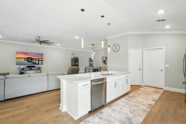 52 Lumberjack Trl, Palm Coast, FL 32137 - kitchen with stainless steel dishwasher, open floor plan, crown molding, light wood-style flooring, and a kitchen island with sink
