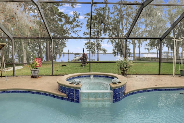 view of pool with glass enclosure, a water view, a yard, an in ground hot tub, and a patio