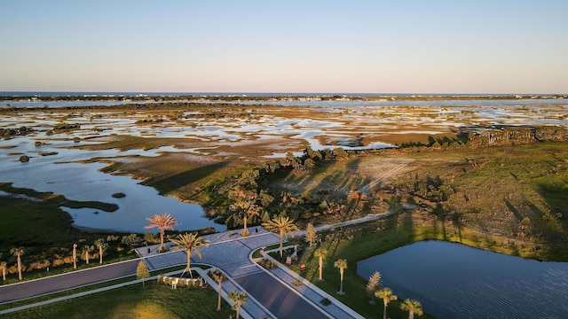 aerial view at dusk with a water view