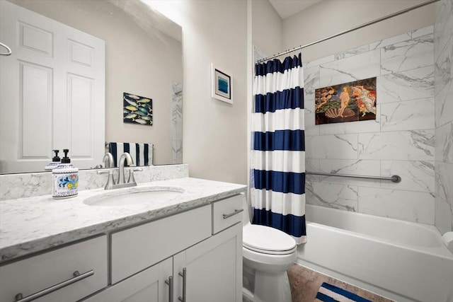 full bathroom with shower / bath combination with curtain, vanity, toilet, and hardwood / wood-style flooring