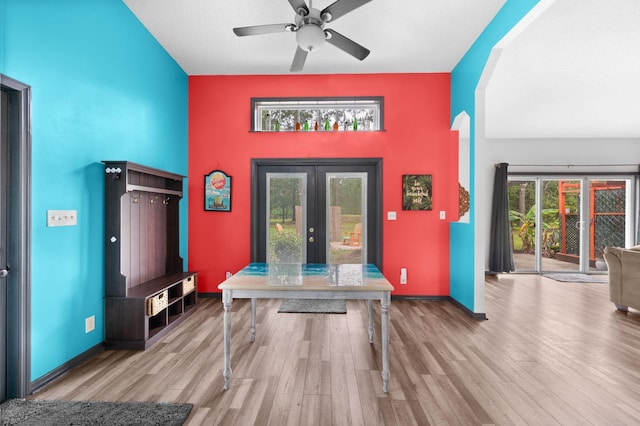 4405 Alvin St, Hastings, FL 32145 - office area with french doors, a towering ceiling, wood finished floors, and ceiling fan