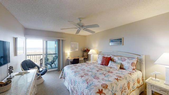 bedroom featuring access to exterior, carpet, ceiling fan, and a textured ceiling