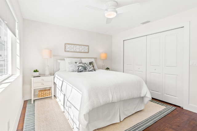 bedroom featuring ceiling fan, dark hardwood / wood-style floors, multiple windows, and a closet