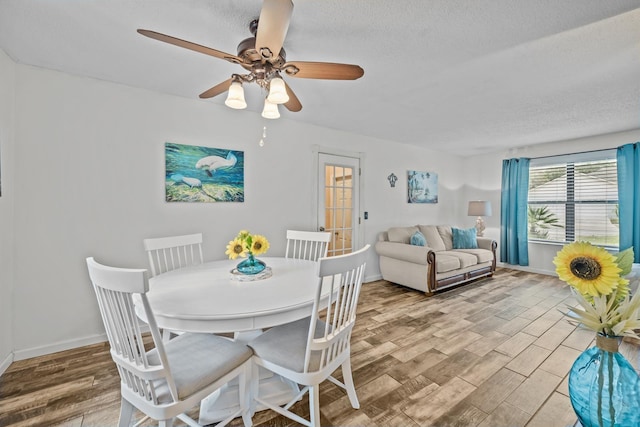 dining room featuring ceiling fan, wood-type flooring, and a textured ceiling