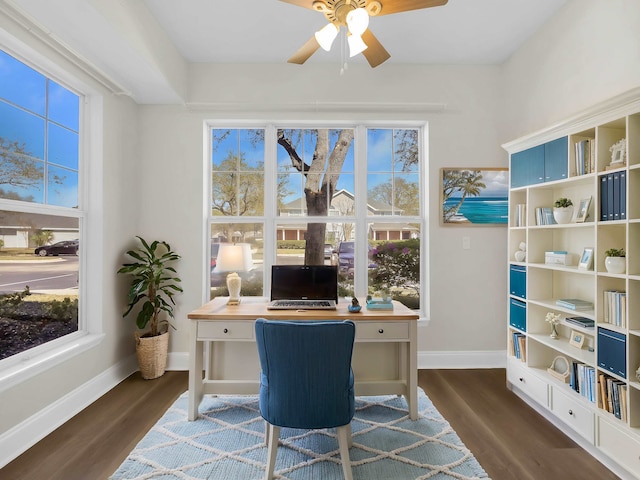office area featuring baseboards, ceiling fan, and wood finished floors