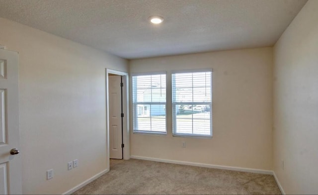 spare room featuring light colored carpet and a textured ceiling