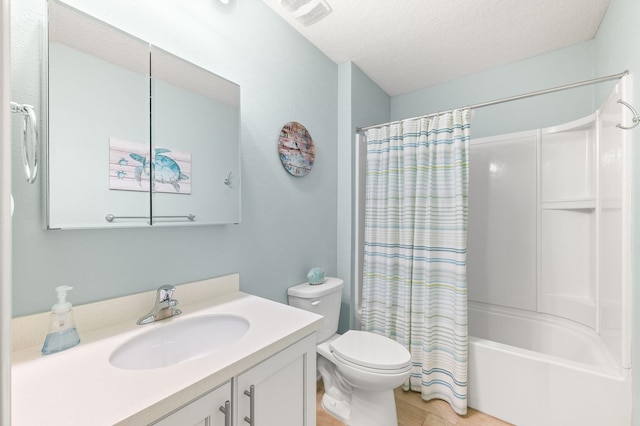 full bathroom with visible vents, toilet, vanity, a textured ceiling, and shower / bathtub combination with curtain