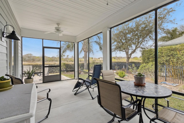 sunroom / solarium featuring ceiling fan