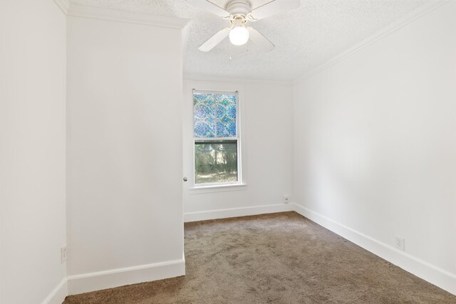 carpeted spare room with ceiling fan, crown molding, and a textured ceiling