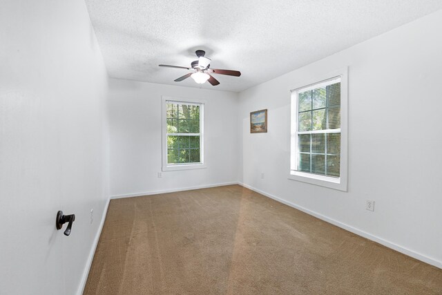 spare room with a textured ceiling, carpet floors, and ceiling fan