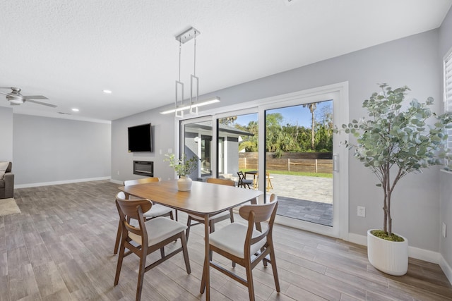 50 Dufferin St, Saint Augustine, FL 32084 - dining space featuring light wood-type flooring, a glass covered fireplace, a ceiling fan, and recessed lighting