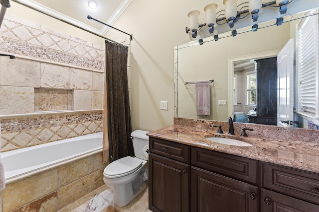 full bathroom featuring shower / bath combination with curtain, vanity, and toilet