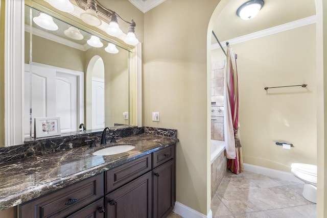 full bathroom featuring toilet, vanity, shower / tub combo with curtain, and crown molding