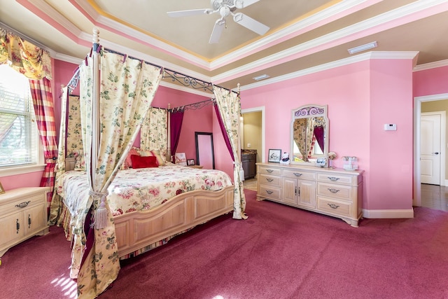 bedroom with carpet floors, ceiling fan, and crown molding