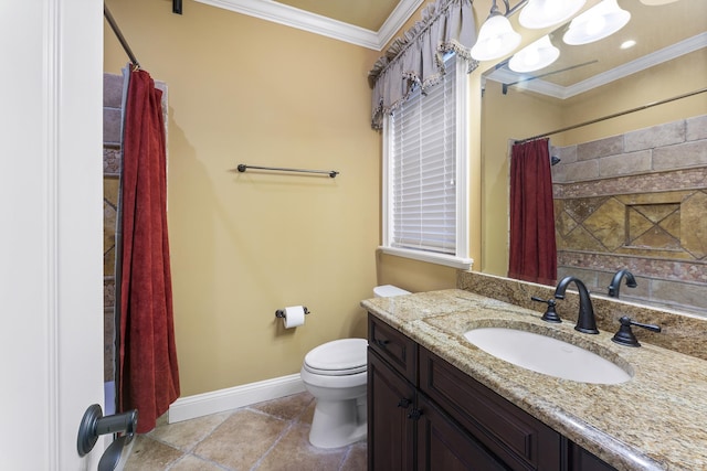 bathroom with a notable chandelier, vanity, toilet, and crown molding