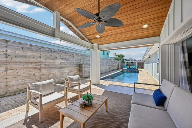 7201 A1A S, Saint Augustine, FL 32080 - view of patio / terrace with a fenced in pool, a fenced backyard, ceiling fan, and an outdoor hangout area