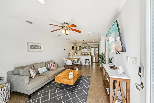 7201 A1A S, Saint Augustine, FL 32080 - living area with visible vents, recessed lighting, a ceiling fan, and wood finished floors