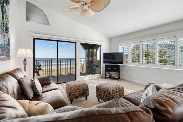 2900 Coastal Hwy, Saint Augustine, FL 32084 - living area featuring ceiling fan, lofted ceiling, carpet floors, and baseboards