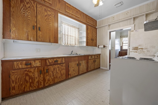 kitchen with ceiling fan, sink, backsplash, white fridge, and range