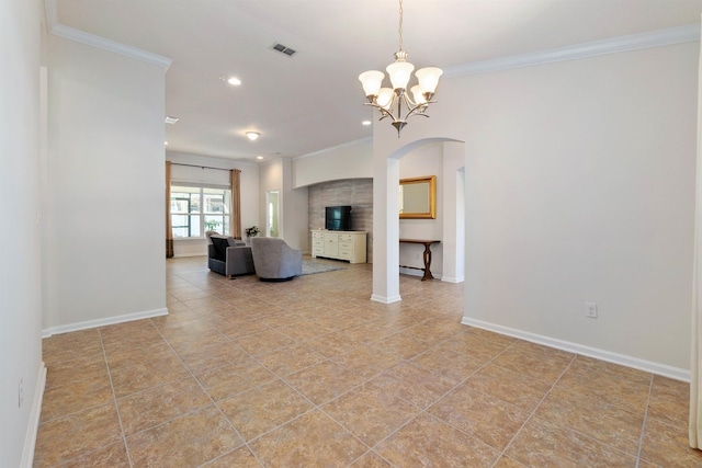 unfurnished living room featuring an inviting chandelier and crown molding