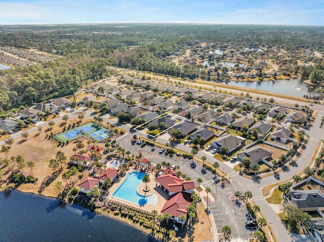 aerial view featuring a water view