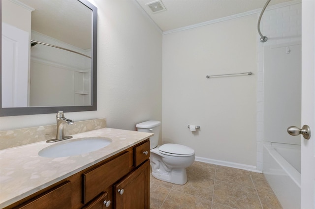 full bathroom featuring vanity, ornamental molding, tile patterned floors, shower / bathtub combination, and toilet