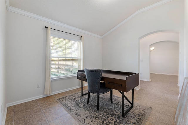 office space with lofted ceiling and ornamental molding