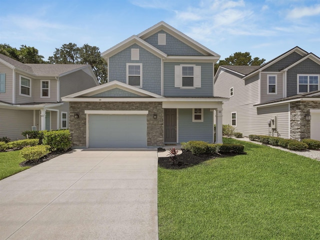 craftsman-style house with a front yard and a garage