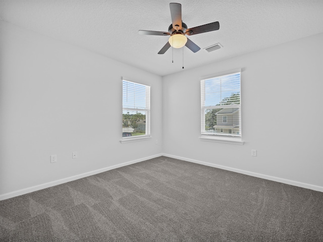 carpeted empty room featuring a textured ceiling, ceiling fan, and a healthy amount of sunlight