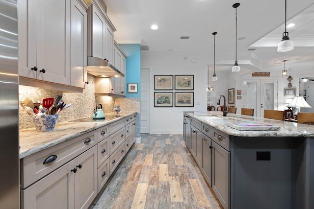 kitchen with gray cabinets, a spacious island, decorative light fixtures, and ornamental molding