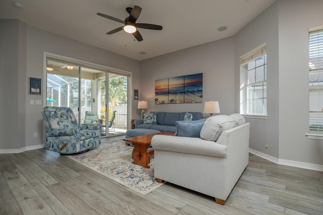 living room with ceiling fan and wood-type flooring