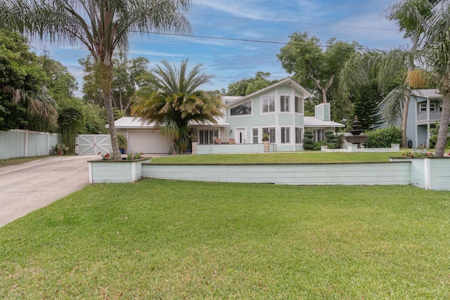 rear view of property featuring a yard, a gate, fence, and driveway