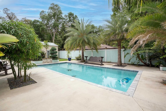 view of swimming pool with a fenced in pool, a fenced backyard, and a patio