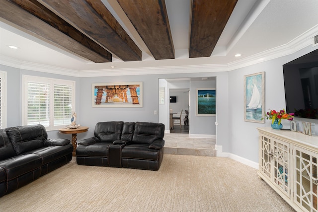 living room featuring baseboards, beamed ceiling, crown molding, carpet flooring, and recessed lighting