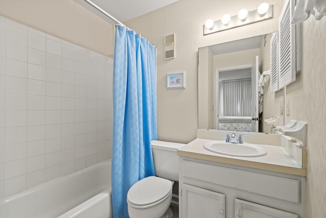 bathroom with shower / bath combo, visible vents, toilet, and vanity