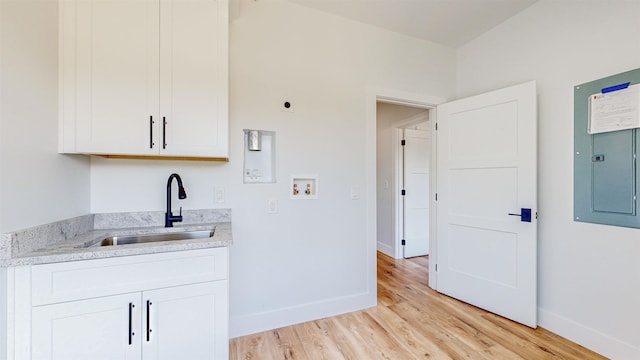 kitchen with light stone countertops, sink, electric panel, light hardwood / wood-style floors, and white cabinets