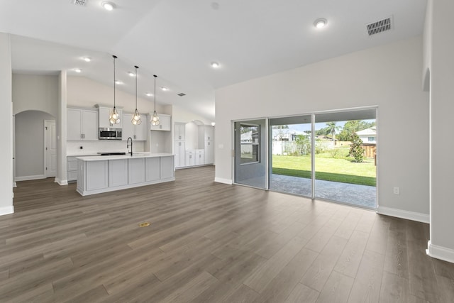 unfurnished living room with high vaulted ceiling, dark hardwood / wood-style floors, and sink