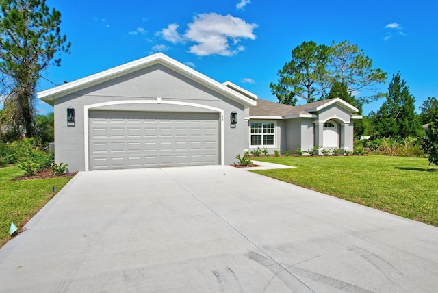 ranch-style house with a garage and a front yard