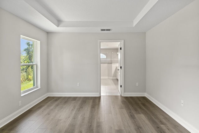 empty room with hardwood / wood-style flooring, a tray ceiling, and a healthy amount of sunlight