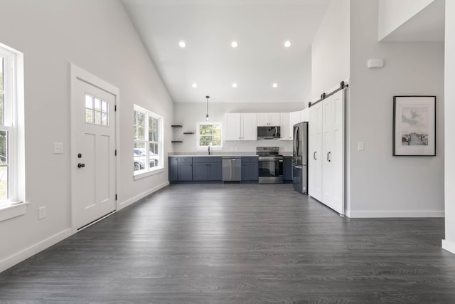 kitchen with a barn door, a wealth of natural light, white cabinets, and appliances with stainless steel finishes