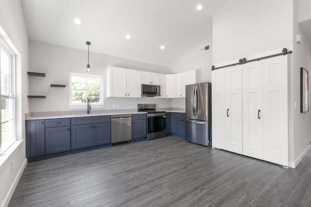 kitchen featuring white cabinetry, stainless steel appliances, a barn door, dark hardwood / wood-style flooring, and decorative light fixtures