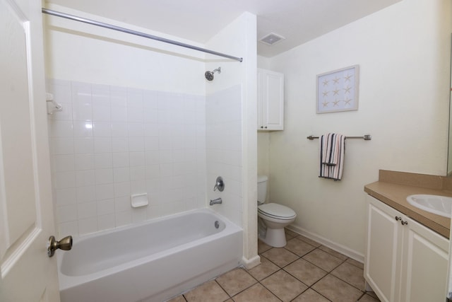 full bathroom featuring tile patterned floors, vanity, tiled shower / bath combo, and toilet