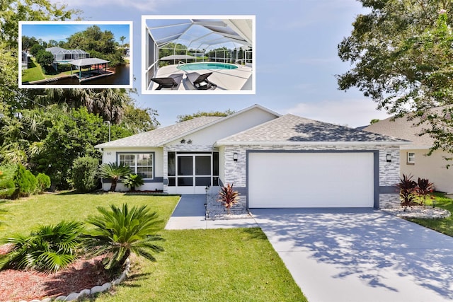 view of front facade featuring a front yard, a garage, and a lanai