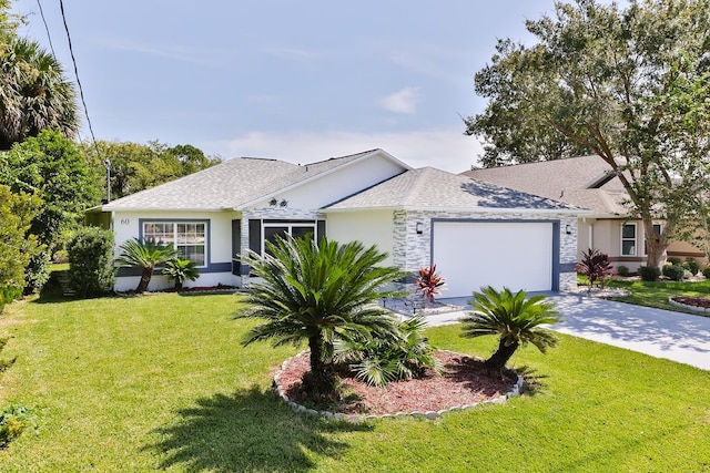 single story home featuring a front yard and a garage