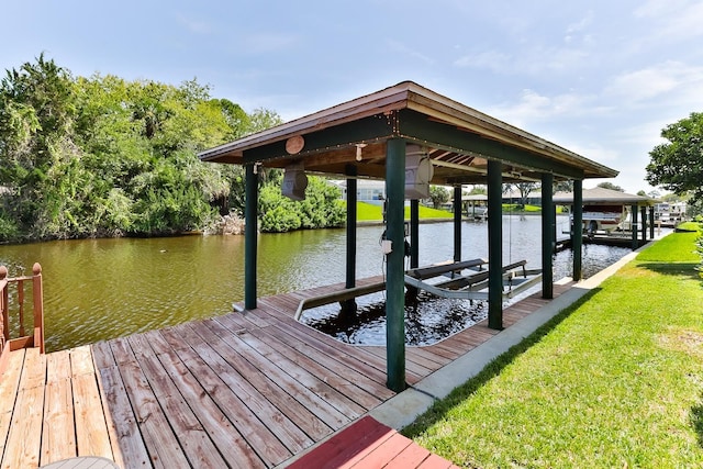 dock area with a yard and a water view